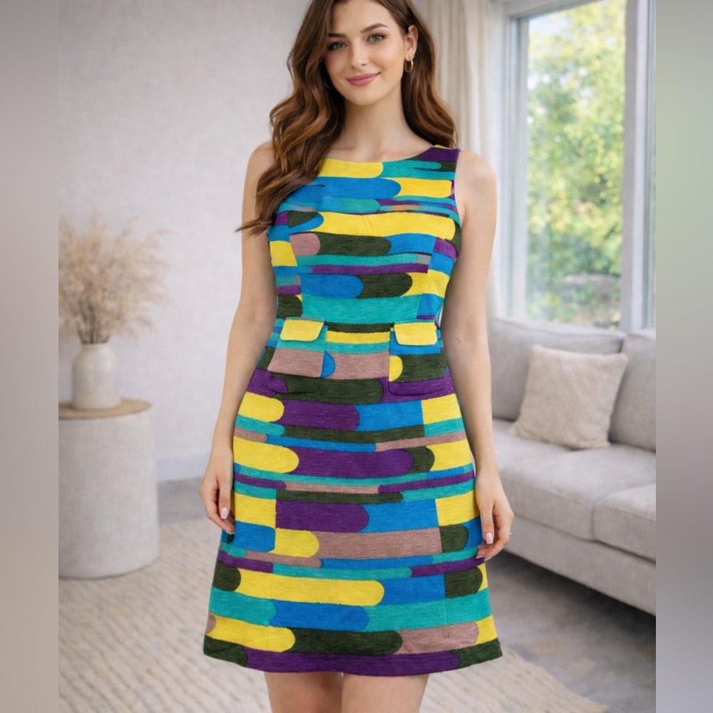 Tibi New York Silk Linen Pattern Mod Sleeveless Shift Dress